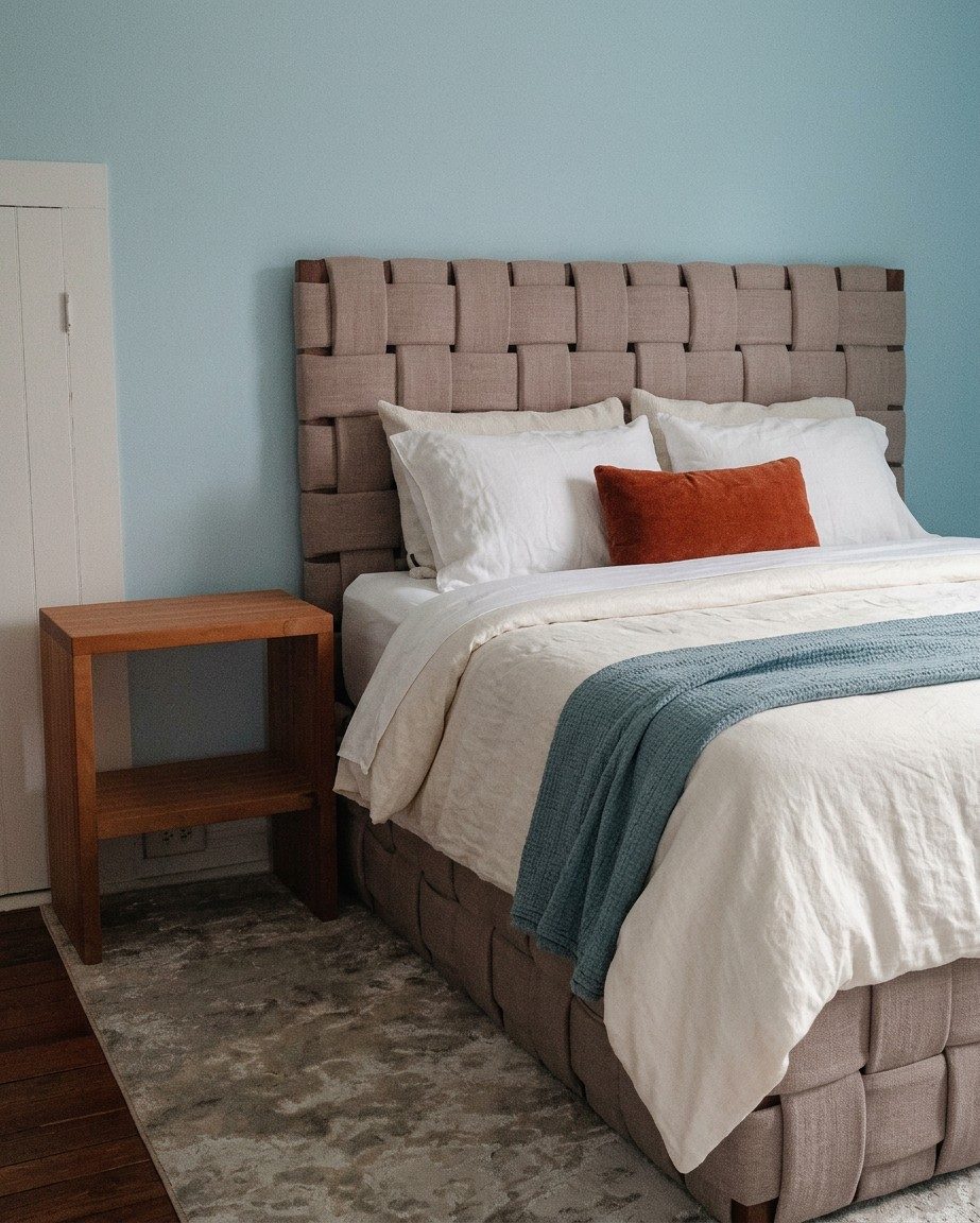 Wood nightstand beside a woven taupe headboard with white linen bedding, a rust pillow and a blue throw